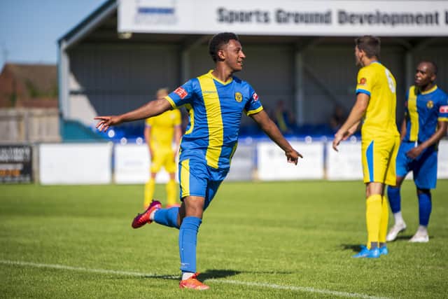 Dion Sembie-Ferris after scoring for Peterborough Sports against Concord Rangers.  Photo: James Richardson.