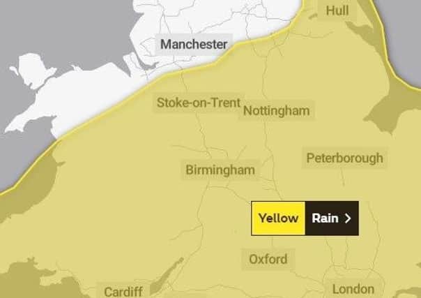 A yellow weather warning for heavy rain is covering Peterorough over the weekend.