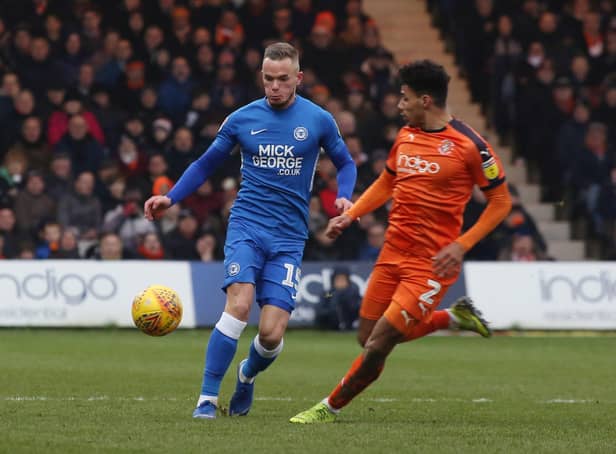 Joe Ward in action for Posh at Luton Town when the teams last met at Kenilworth Road in January, 2019.
