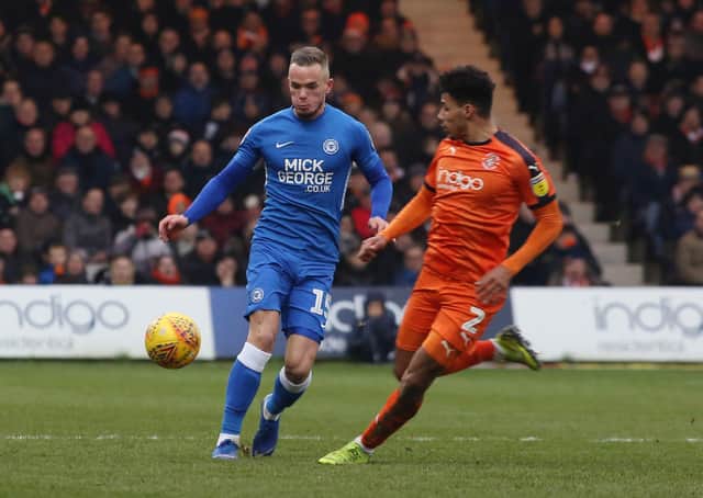 Joe Ward in action for Posh at Luton Town when the teams last met at Kenilworth Road in January, 2019.