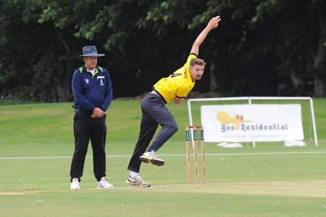 Josh Smith bowling for Peterborough Town against Geddington. Photo: Chris Lowndes.