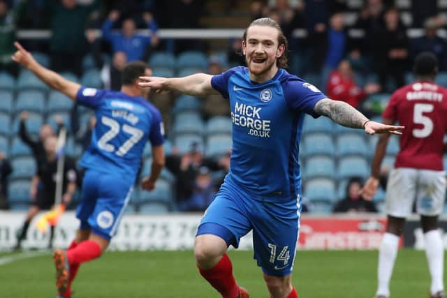 Jack Marriott celebrates a goal for Posh against Northampton in 2018.