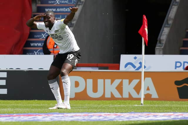 Idris Kanu after scoring for Posh at Doncaster in the final League One match of last season. Photo: Joe Dent/theposh.com.