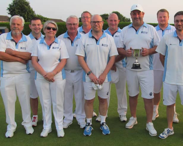 Blackstones are pictured with the Dan Duffy Trophy after their win against Parkway in the Northants Bowling Federation’s County Club Championship Final.