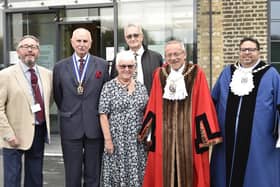 Freedom of the City meeting: Cllr Peter Hiller (chairman of the Honours Panel), Major Tony Elsey (Royal British Legion Peterborough), Barbara and John Holdich, Mayor of Peterborough Steve Lane and Deputy Mayor of Peterborough Mohammed Jamil at the Engine Shed, Sand Martin House. EMN-210729-114048009