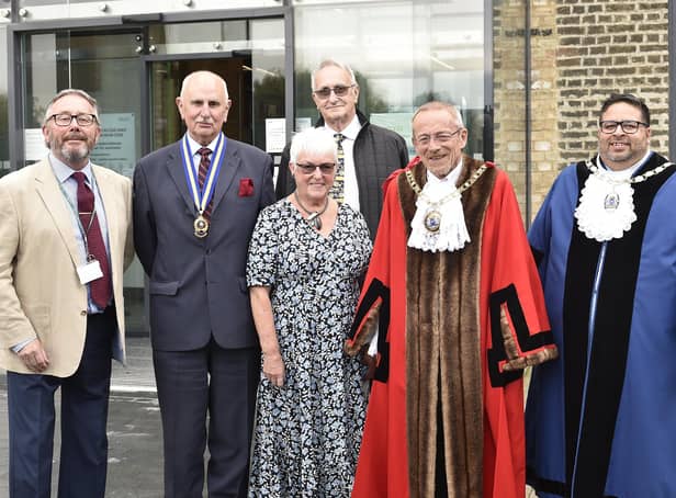 Freedom of the City meeting: Cllr Peter Hiller (chairman of the Honours Panel), Major Tony Elsey (Royal British Legion Peterborough), Barbara and John Holdich, Mayor of Peterborough Steve Lane and Deputy Mayor of Peterborough Mohammed Jamil at the Engine Shed, Sand Martin House. EMN-210729-114048009