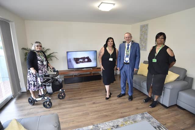Mayor of Peterborough Steve Lane and Mayoress Margaret Lane at the opening of a new  24/7 Support UK childrens' home at Walton with Aiysha Majid and Florence Montgomery (24/7 team leaders).