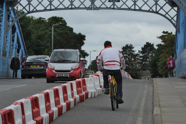 The temporary cycle lane at Cresent Bridge.
