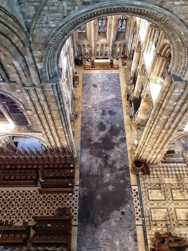 One Small Step by Peter Walker, sculptor, seen from the central tower of Peterborough Cathedral. Picture: Graham Williams