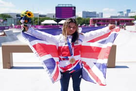 Great Britain's Sky Brown celebrates winning the bronze medal during the Women's Park Final at Ariake Sports Park on the twelfth day of the Tokyo 2020 Olympic Games in Japan. Picture: PA Wire/PA Images