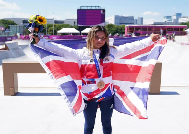Great Britain's Sky Brown celebrates winning the bronze medal during the Women's Park Final at Ariake Sports Park on the twelfth day of the Tokyo 2020 Olympic Games in Japan. Picture: PA Wire/PA Images