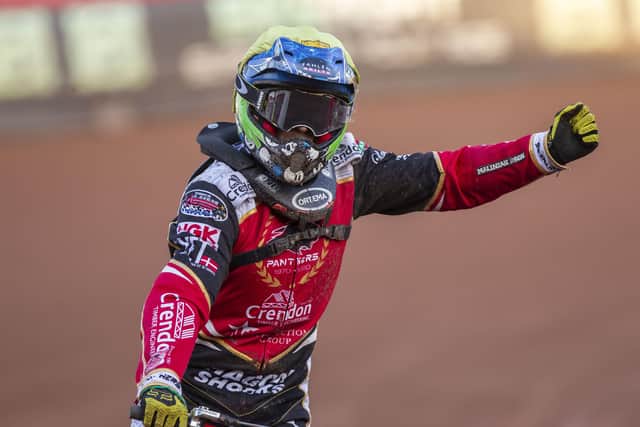 Hans Andersen celebrates a heat win for Panthers at Belle Vue . Photo: Taylor Lanning.