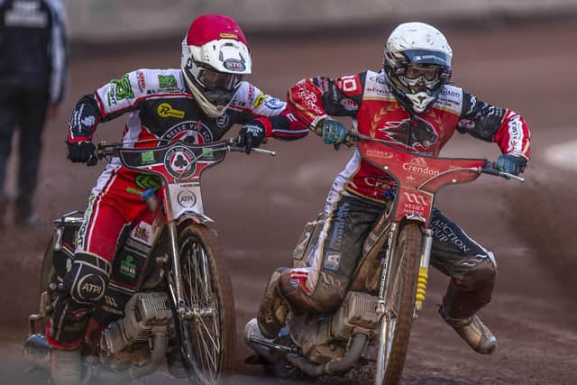 Panthers; Bjrane Pedersen and Richie Worrall of Belle Vue jostle for position. Photo: Taylor Lanning.