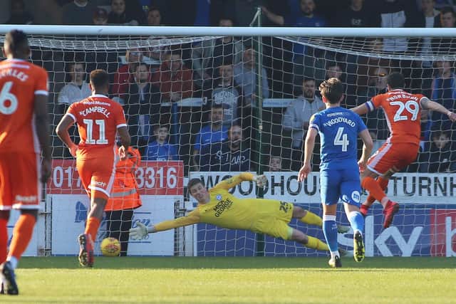 Oliver Norburn scores a apenalty for Shrewsbury against Posh in 2019. Photo: Joe Dent/theposh.com.