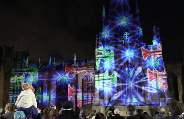 The Angels are Coming by Luxmuralis presented at Sheffield Cathedral in 2019. Picture: Luxmuralis