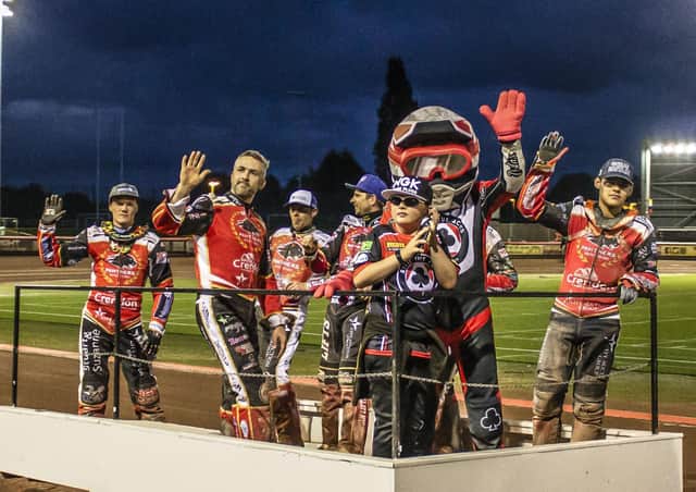 Peterborough Panthers celebrate a crucial Premiership win at Belle Vue on Monday. Photo: Taylor Lanning.