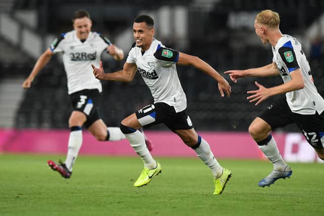 Ravel Morrison celebrates his stunning goal for Derby County against Salford on Tuesday. Photo: Tony Marshall/Getty Images.