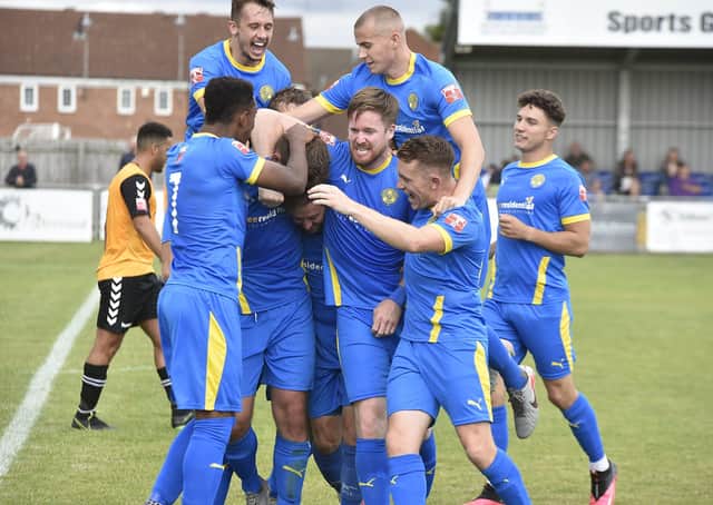 Peterborough Sports celebrate a goal against Rushall at the weekend. Photo: David Lowndes.