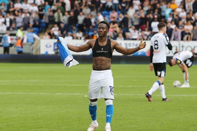 Posh star Siriki Dembelecelebrates his winning goal against Derby County at the weekend. Photo: Joe Dent/theposh.com.