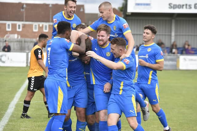 Peterborough Sports celebrate a goal against Rushall Olympic. Photo: David Lowndes.