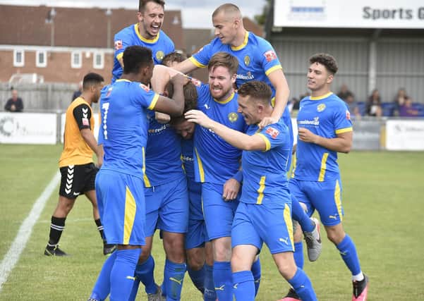 Peterborough Sports celebrate a goal against Rushall Olympic. Photo: David Lowndes.