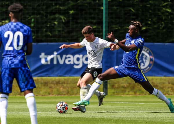 Posh star Ronnie Edwards in action against Chelsea and Tammy Abrahams in the summer. Photo: Joe Dent/theposh.com.