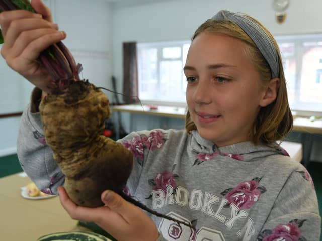 Werrington Village Show. Holly French (11) with her miss-shaped beetroot. EMN-210821-194448009