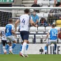 Patrick Bauer of Preston North End scores the opening goal of the game against Posh. Photo: Joe Dent/theposh.com.