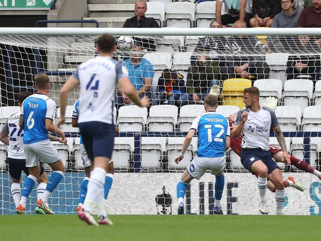 Patrick Bauer of Preston North End scores the opening goal of the game against Posh. Photo: Joe Dent/theposh.com.