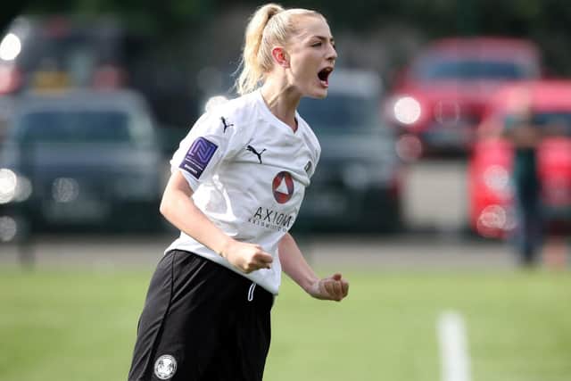 Kier Perkins celebrates her hat-trick goal for Posh Women. Photo: Joe Dent/theposh.com