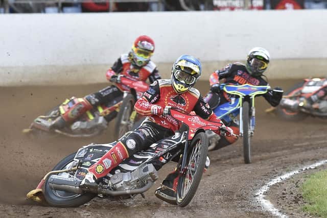 Scott Nicholls leads the way for Panthers in heat three of the meeting against Wolverhampton. Photo: David Lowndes.
