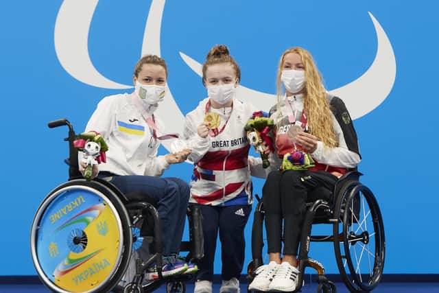 Inpirational Paralympians... Picture provided by ParalympicsGB/imagecomms of Great Britain's Maisie Summers-Newton (centre) celebrates with her gold medal after winning the women's 200m Individual Medley SM6 alongside second placed Ukraine's Yelyzaveta Mereshko (left) with her silver medal and third placed Germany's Verena Schott with her bronze medal during day two of the Tokyo 2020 Paralympic Games at the Tokyo International Forum in Japan.