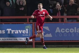 Colby Bishop of Accrington Stanley celebrates after scoring their fourth goal to make the score 4-1 during the Sky Bet League One match between Accrington Stanley and Portsmouth at Crown Ground on December 14th 2019 in Accrington, England. (Photo by Daniel Chesterton/phcimages.com) PPP-191214-171211006