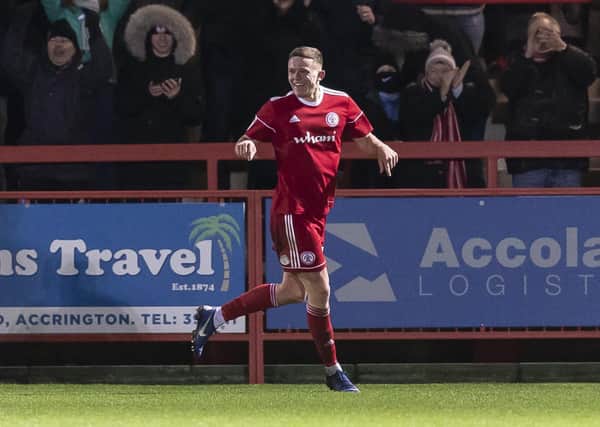Colby Bishop of Accrington Stanley celebrates after scoring their fourth goal to make the score 4-1 during the Sky Bet League One match between Accrington Stanley and Portsmouth at Crown Ground on December 14th 2019 in Accrington, England. (Photo by Daniel Chesterton/phcimages.com) PPP-191214-171211006
