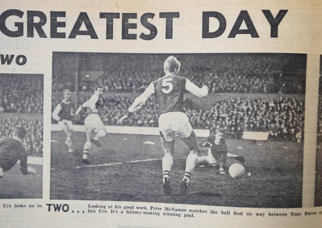 The picture in the Evening Telegraph of Peter McNamee scoring for Posh against Arsenel in 1965.
