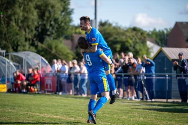 Josh Moreman celebrates a goal for Peterborough Sports against Stourbridge. Photo: James Richardson.