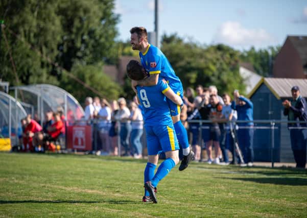 Josh Moreman celebrates a goal for Peterborough Sports against Stourbridge. Photo: James Richardson.