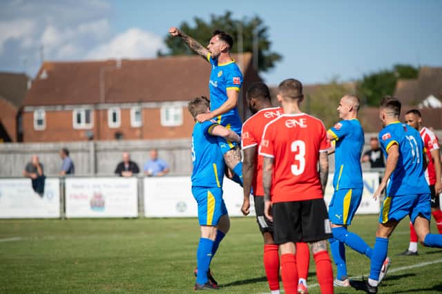 Ryan Fryatt celebrates his goal for Peterborough Sports against Stourbridge. Photo: James Richardson.