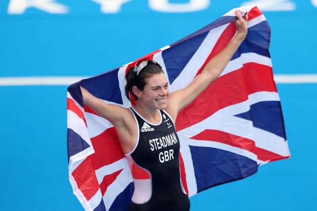 Lauren Steadman of Team Great Britain reacts as she crosses the finish line to win the gold medal in the women's PTS5 Triathlon on day 5 of the Tokyo 2020 Paralympic Games at Odaiba Marine Park. Photo: Alex Pantling/Getty Images