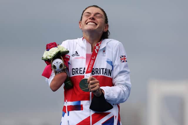 Gold medalist Lauren Steadman of Team Great Britain reacts during the women's PTS5 Triathlon medal ceremony on day 5 of the Tokyo 2020 Paralympic Games at Odaiba Marine Park. Photo: Alex Pantling/Getty Images.