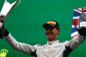George Russell celebrates the first podium finish at te Belgian Grand Prix. Photo: Mark Thompson/Getty Images.