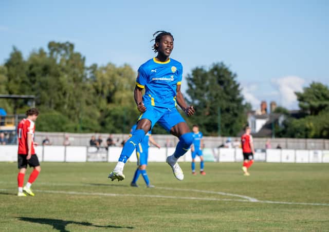 Maniche Sani celebrates his goal for Peterborough Sports against Stourbridge on Saturday.