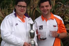 Stephen and Louise Harris with their National Under 25 pairs trophies.
