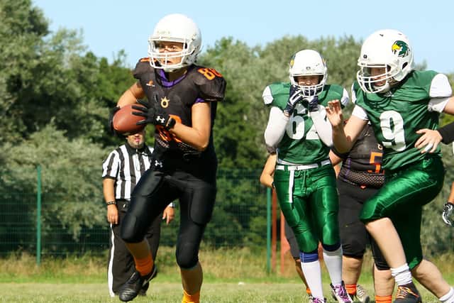 Sophie Gentile of the Peterborough Royals claims the first touchdown of her career.  Photo: Mick Sutterby.