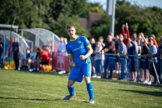 Dan Jarvis celebrates a goal for Peterborough Sports against Stourbridge. Photo: James Richardson.