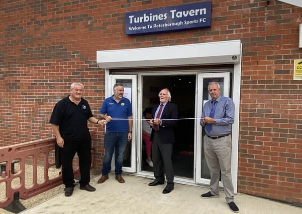 Lifetime President Colin Day (second right) opens 'The Turbines Tavern' watched by, from left, former Peterborough Sports chairman Stephen Cooper, current vice-chairman Paul Venters and current chairman Grant Biddle.