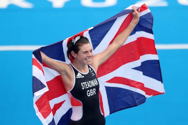 PPeterborough's Lauren Steadman of Team Great Britain reacts as she crosses the finish line to win the gold medal in the women's PTS5 Triathlon on day 5 of the Tokyo 2020 Paralympic Games at Odaiba Marine Park on August 29, 2021. (Photo by Alex Pantling/Getty Images)