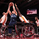 Lee Manning (14) in action for Great Britain against Spain in the Paralympic Wheelchair Basketball bronze medal match in Tokyo. Photo by Adam Pretty/Getty Images.