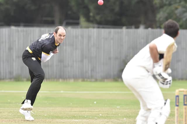 Richard Kendall during a three-wicket spell for Peterborough Town seconds against Heyford on Saturday. Photo: David Lowndes.