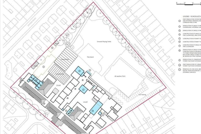 Plans for works at Fulbridge Academy, developments are highlighted in blue.